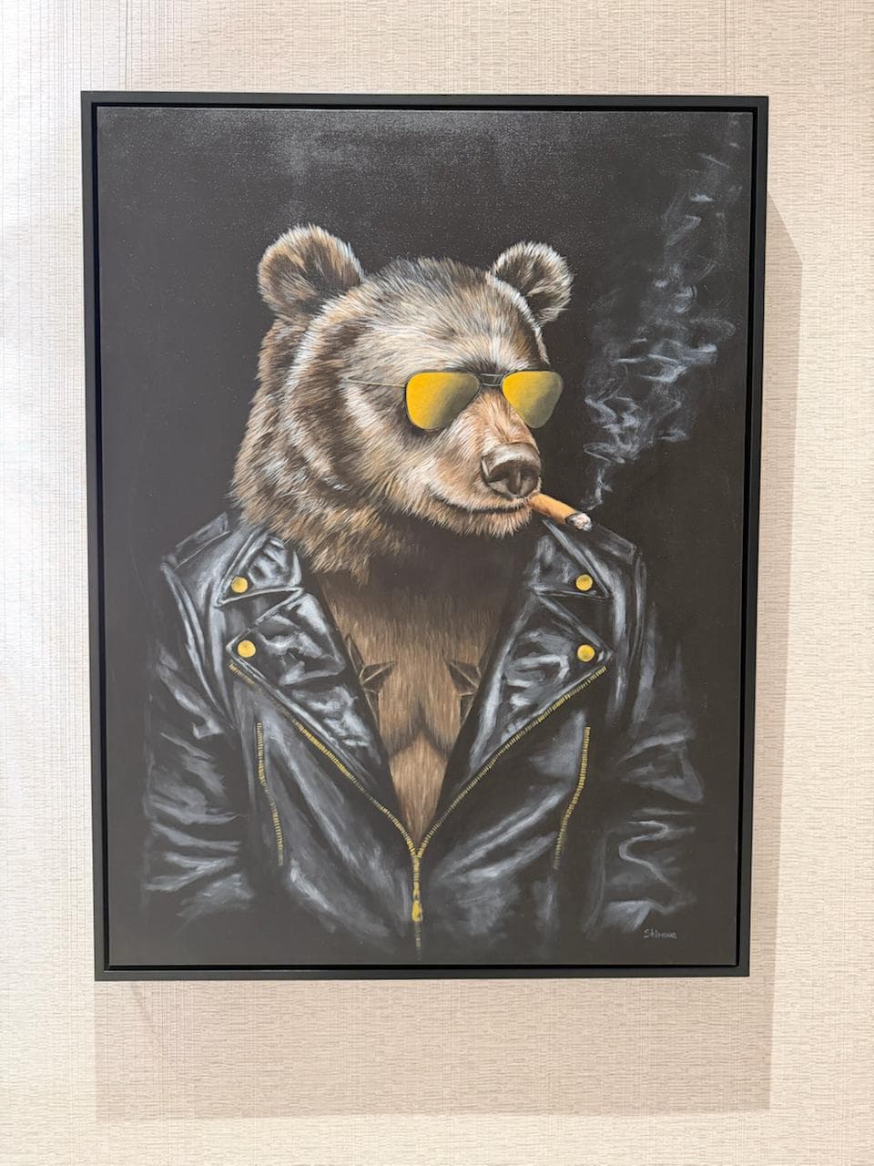 BEAR WITH THE CIGAR by Shimova, a framed acrylic painting of a bear wearing gold mirrored sunglasses and a black leather jacket while smoking a cigar.