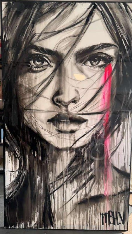 Brighter than Love by Velart Co Galleries, a black and white expressive portrait with flowing drips and a vivid pink accent across the face.
