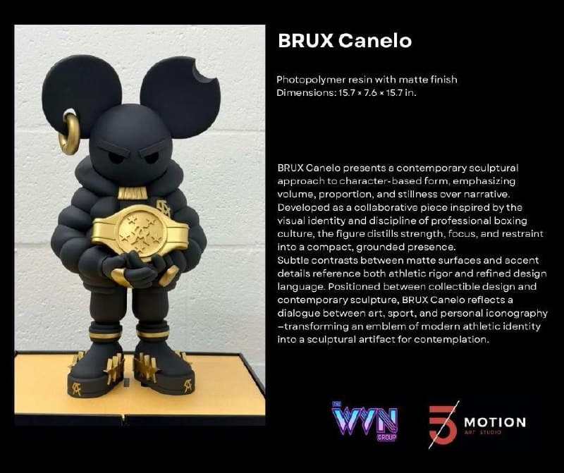 BRUX Canelo by Motion Art Studio, a black matte character-based sculptural figure with gold boxing-inspired details and oversized ears.