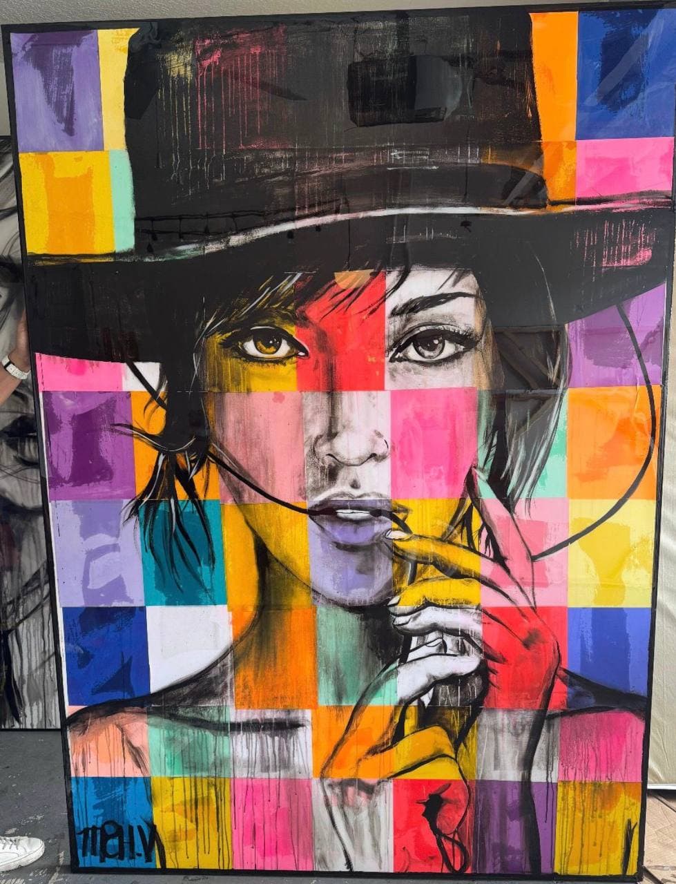 Colores by Velart Co Galleries, a large colorful contemporary portrait with fragmented geometric color blocks and expressive black linework.