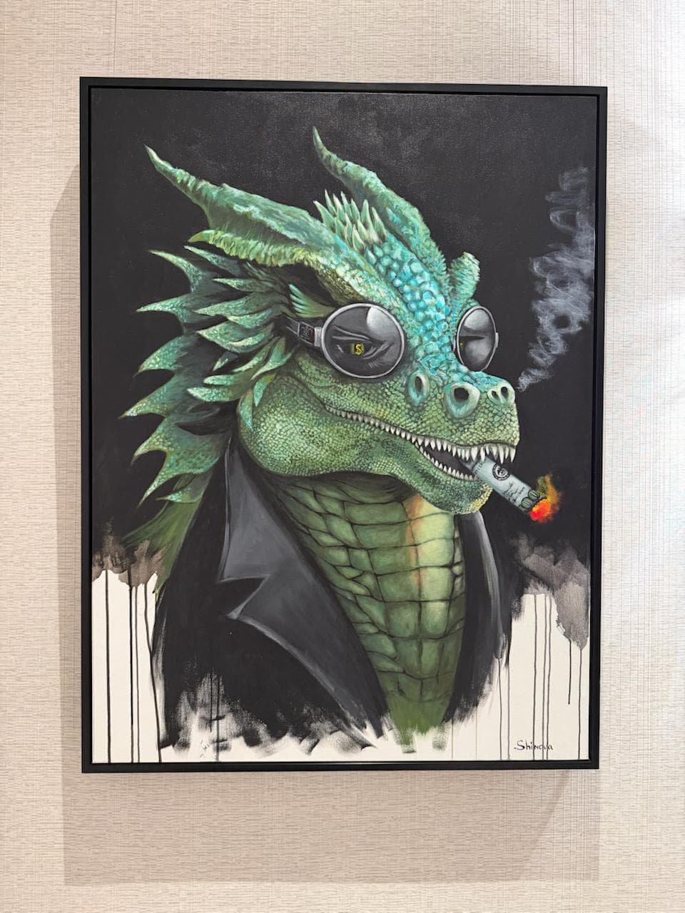 I Got The Power by Shimova, a framed contemporary painting of a green reptilian dragon-like figure wearing mirrored eyewear and smoking against a black ground.