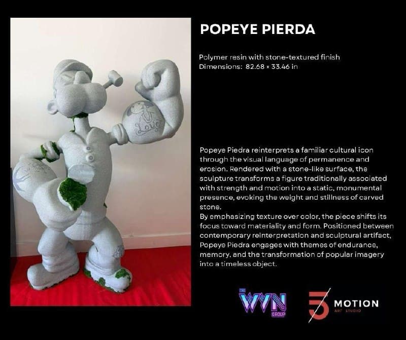 Popeye Piedra by Motion Art Studio, a large stone-textured Popeye-inspired polymer resin sculpture with green moss-like accents.
