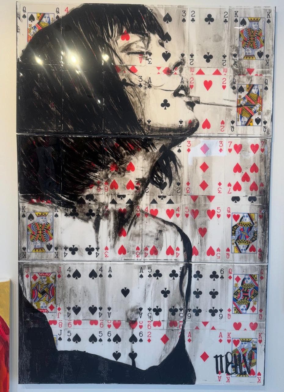 Queen of Hearts by Velart Co Galleries, a three-panel portrait layered over playing cards with black brushwork, red hearts, spades, clubs, and royal card figures.