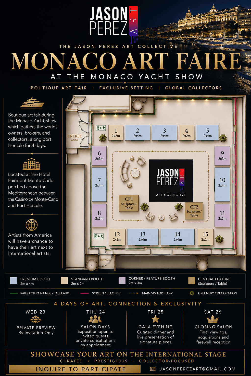 Monaco Art Faire at the Monaco Yacht Show flyer for Jason Perez Art Collective, September 23 through 26, 2026 at Hotel Fairmont Monte Carlo