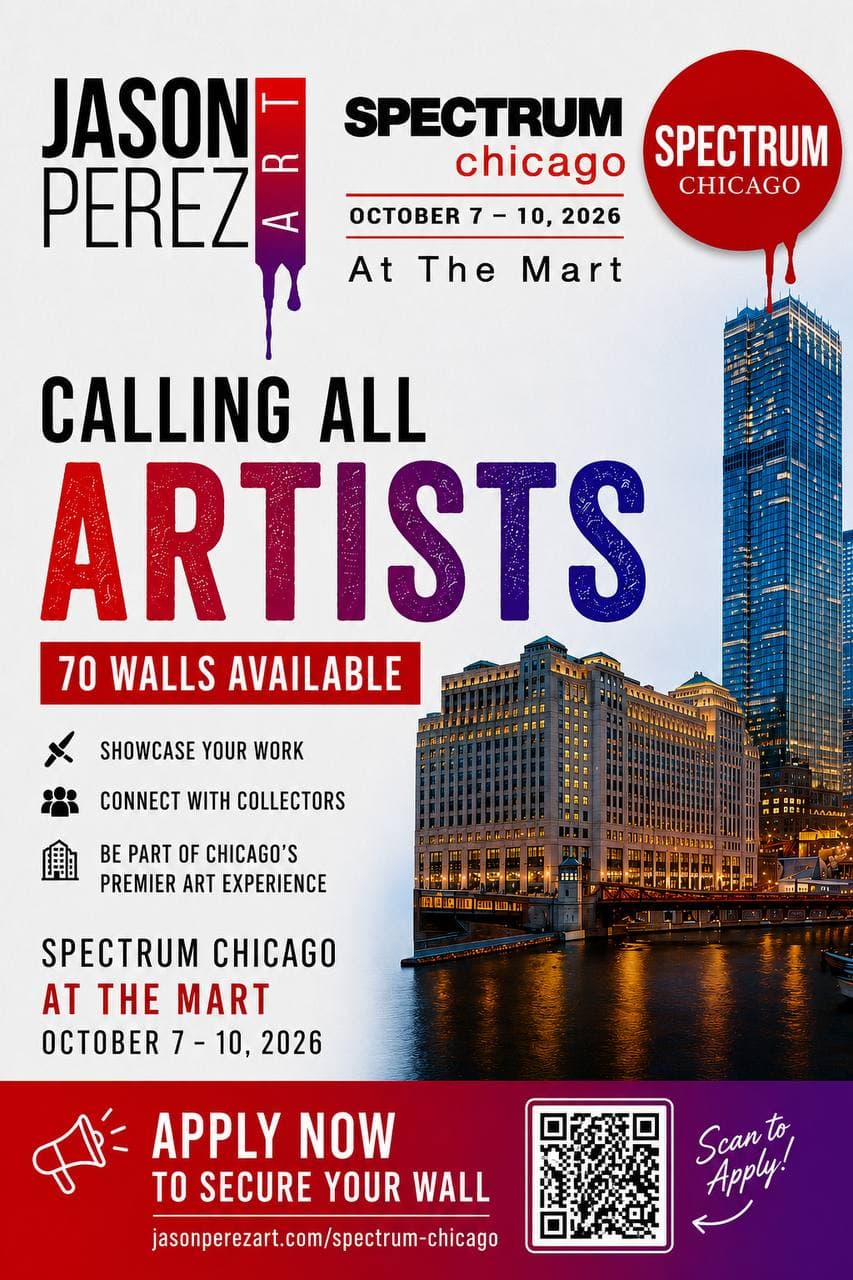 Spectrum Chicago artist wall-space flyer for Jason Perez Art calling all artists with 70 walls available at The Mart, October 8–11, 2026
