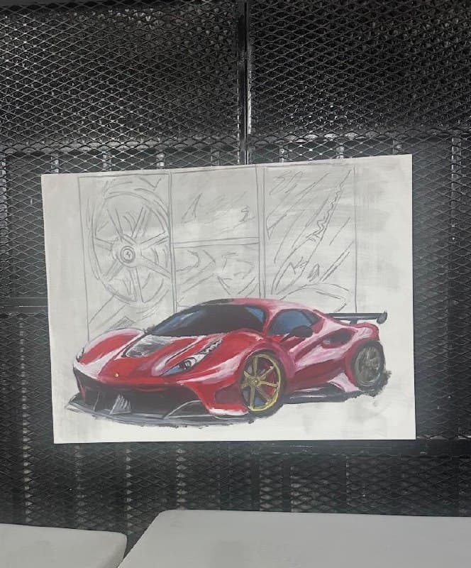 Kenzie Colvin Art acrylic painting of a red Ferrari with sketched wheel and motion studies in the background.