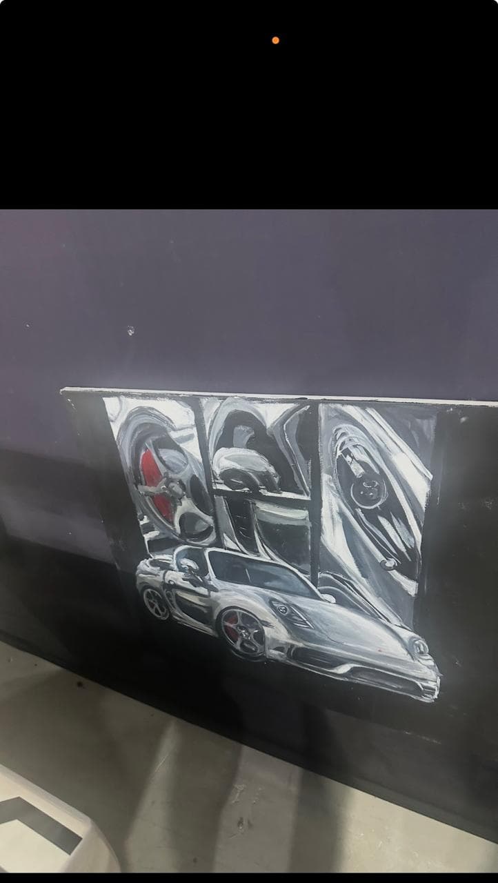 Kenzie Colvin Art acrylic painting of a silver Porsche with layered automotive detail panels.